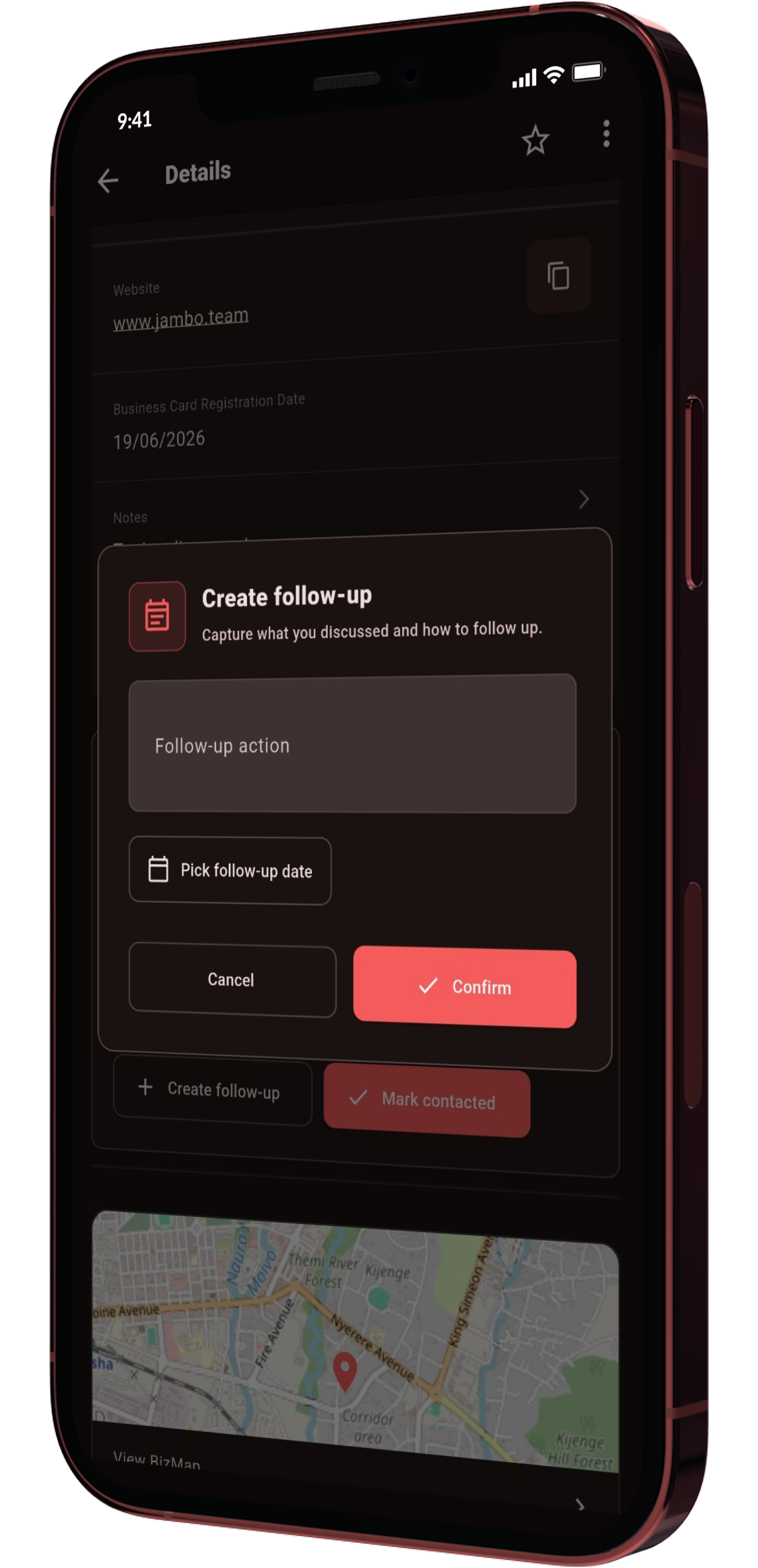 Kumbuka follow-up screen mockup