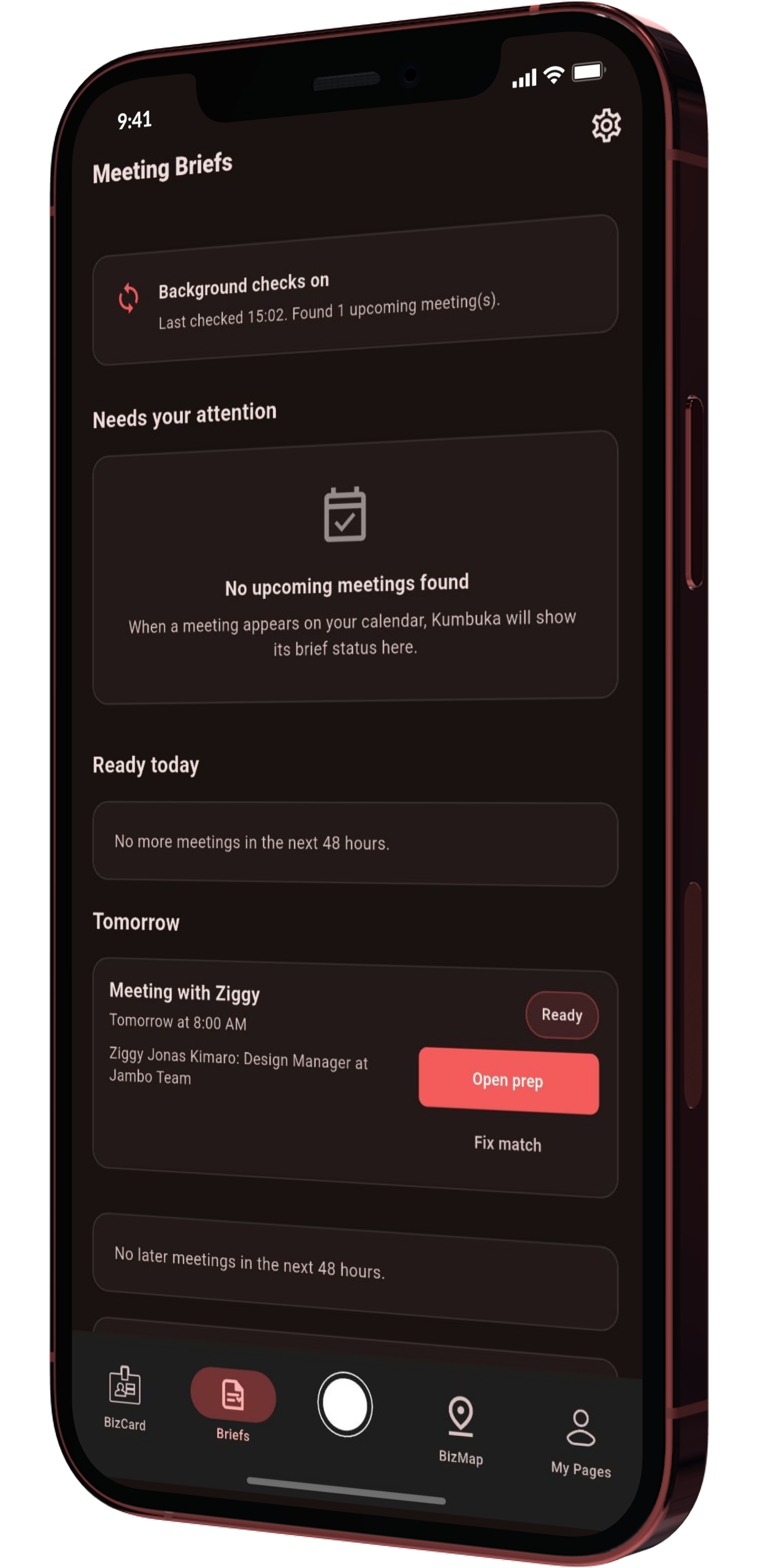 Kumbuka Meeting Brief screen mockup