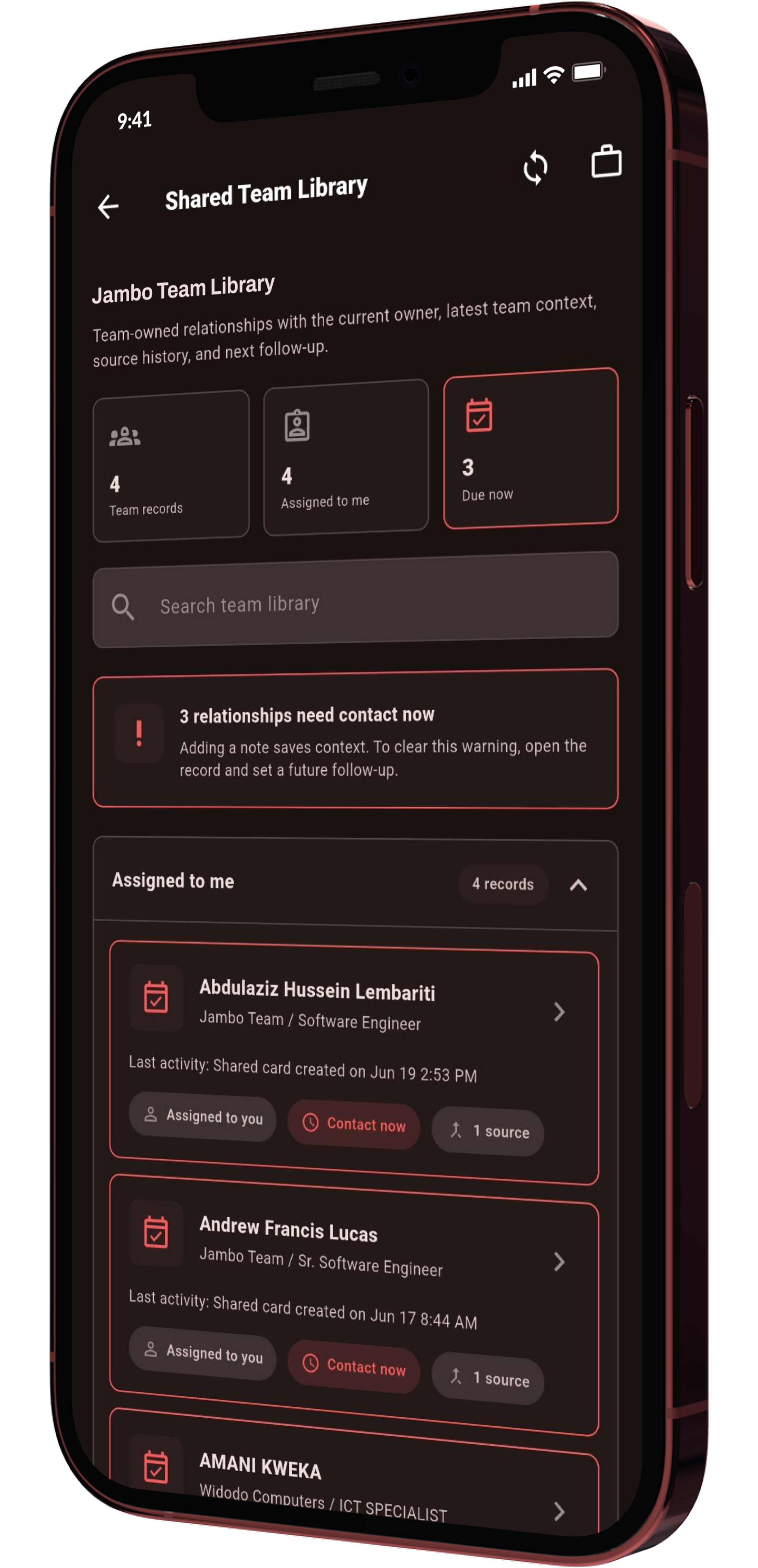 Kumbuka Team Library screen mockup