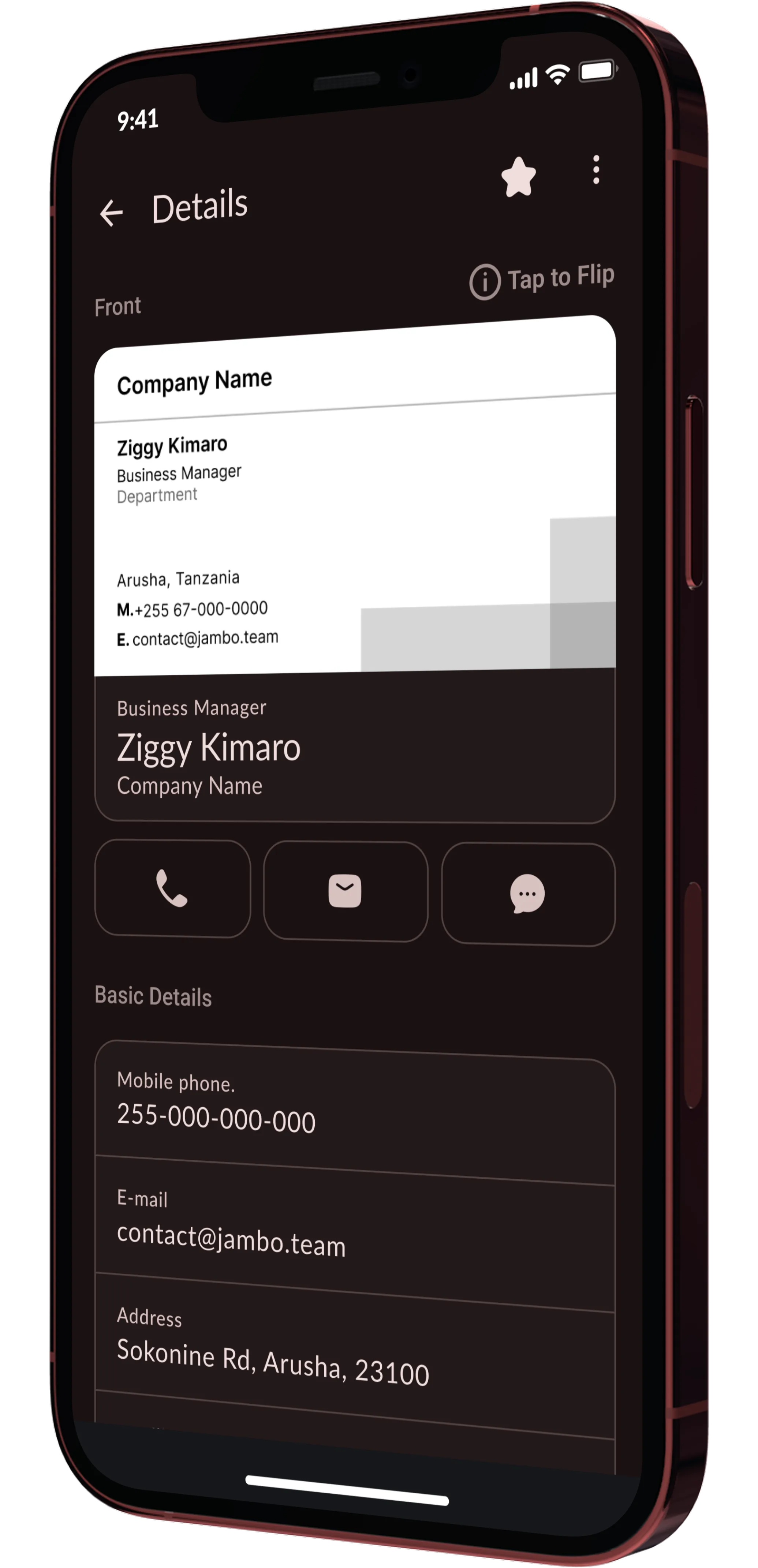 Business card details screen